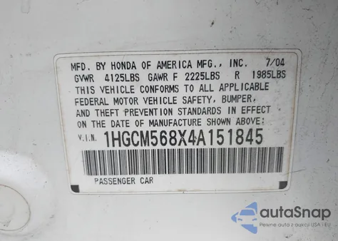 2004 Honda Accord 2.4 Ex from USA, damaged, VIN 1HGCM568X4A151845